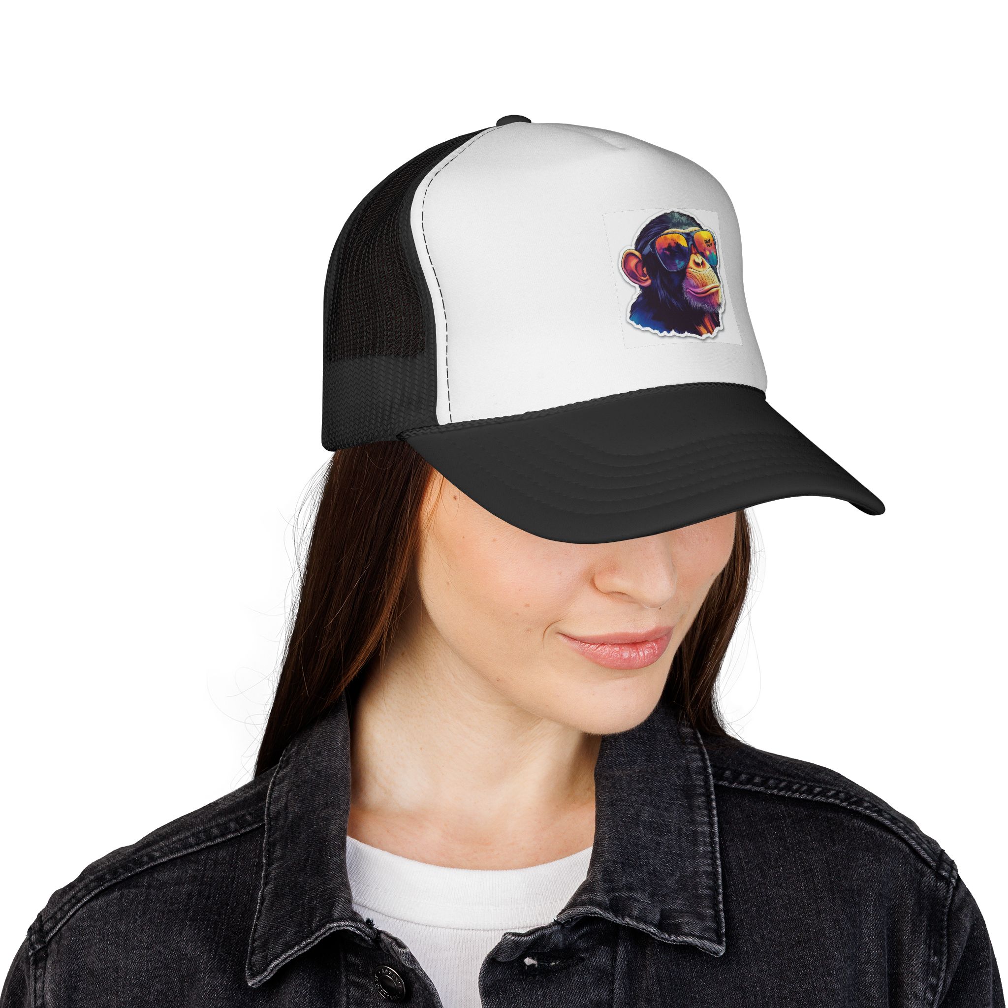Colorful Chimp Trucker Cap — Retro Sunglasses Monkey Mesh Hat - Image 4